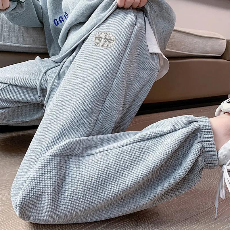 Waffle Pants Women's Autumn and Winter Plus Velvet Thickening Small Foot Pants Sports Loose Leisure Students Can Not Afford To Play