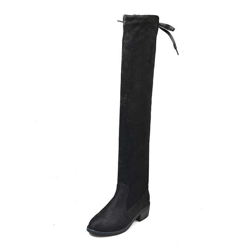 35-42 Size Women Thigh High Flat Boots Black Leather Boots Winter Fall Shoes Velvet Warm Over The Knee Fur Boots