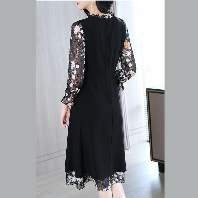 Large Size Women's Chiffon Stitching Fake Two-piece Dress Loose Casual Elegant Long Skirt Black Floral