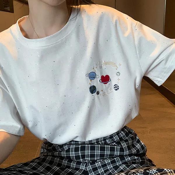Planet Embroidery Women Short Sleeve Embroidery Tops Summer Loose Casual T-Shirt Tee