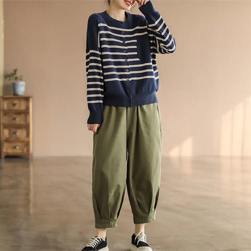 Women's Summer Loose and Thin Harem Pants Ladies Retro Solid Color Casual Pants Elastic Waist Nine-point Pants Comfortable Casual Cropped Cargo Pants