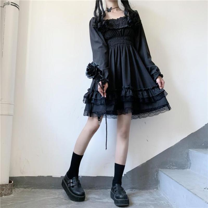 Gothic Women Black Party Dress Cross Square Collar Lolita Princess Irregular Dress Cute Lace Ruffles Chic Dress