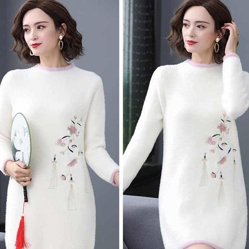 Mid-length Imitation Mink Wool Sweater Dress Women Autumn and Winter Thick Skirt Embroidered Knitted Sweater Fuzzy Dress