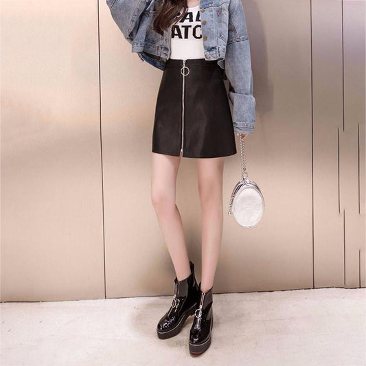 Autumn and Winter Glossy PU Leather Women's Sexy Leather Skirt Short Solid Zipper Split Mini Skirt