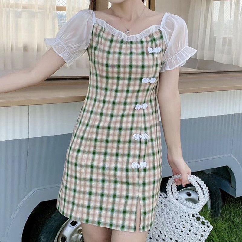 Cheongsam Modified Slim Dress Simple and Elegant Plate Button Split Lattice Bubble Sleeve Dress