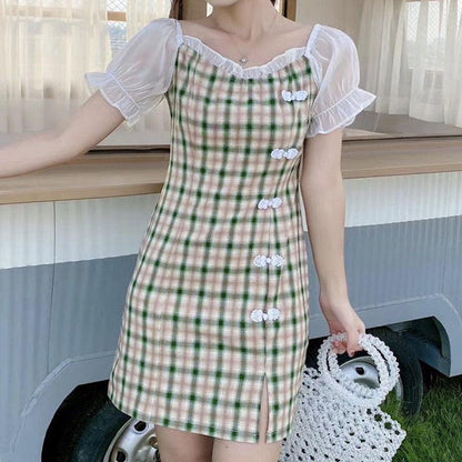 Cheongsam Modified Slim Dress Simple and Elegant Plate Button Split Lattice Bubble Sleeve Dress