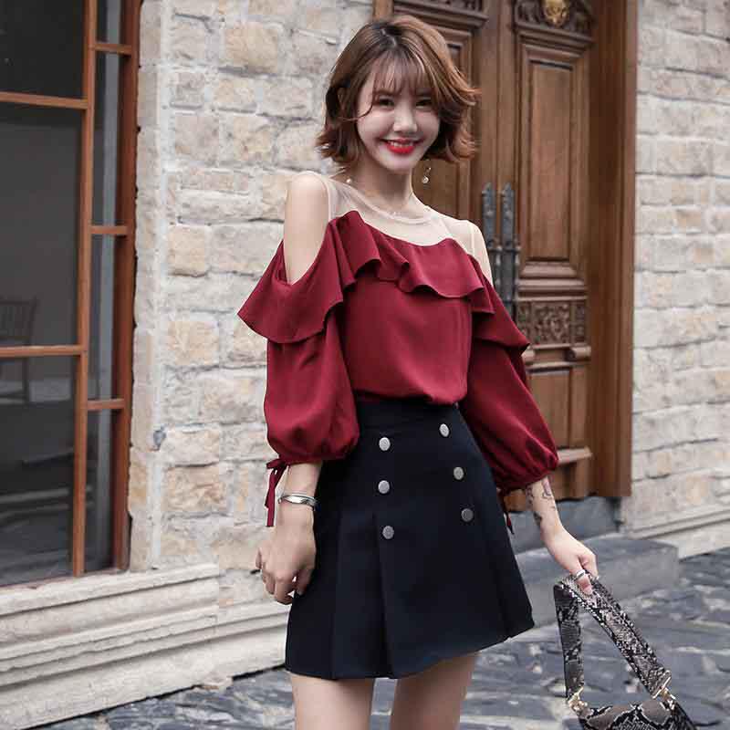 Pofulove Women Ruffled Long Sleeve Shirt+Sexy Pleated Skirt 2pcs Office Lady T-shirt Skirt Suits