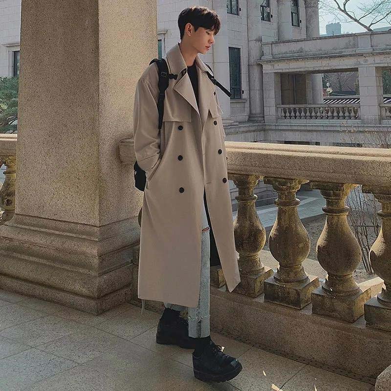 New Autumn and Winter Over-the-knee Windbreaker Men's Mid-length Double-breasted Loose Coat Trendy Casual Jacket