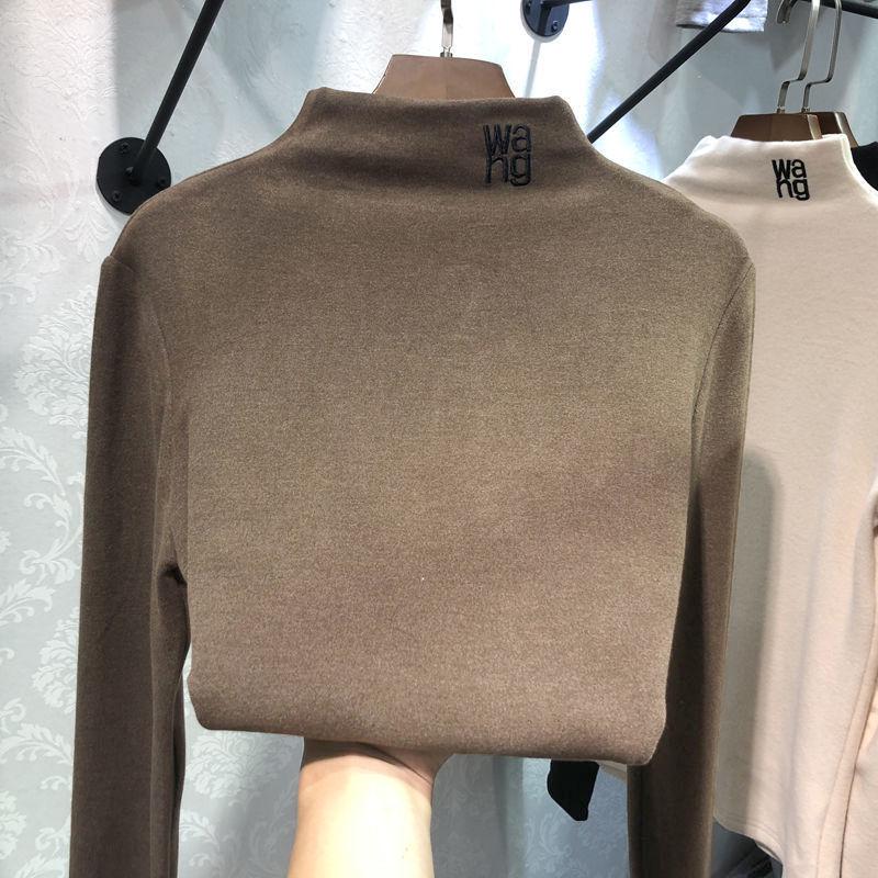 Double-sided Fleece Thick Sanded High-neck Bottoming Shirt Women Autumn Winter Korean Letter Embroidery Pullover Tops