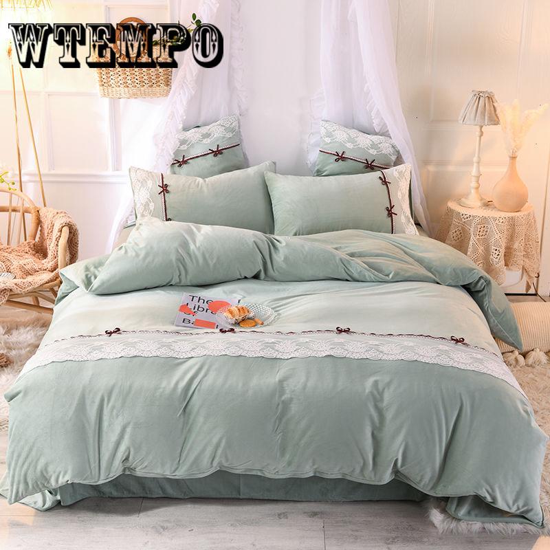 4pcs  Bedding Set Pure Color King Queen Size Bed Linens Fleece Duvet Cover Set Winter Home Bedding