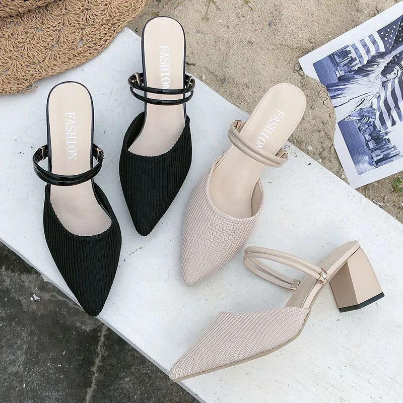 High Heels Pointed Toe Two Wear Baotou Sandals Slippers Women's Summer New All-match Thick Heels Fashion Dual-use Comfortable Black