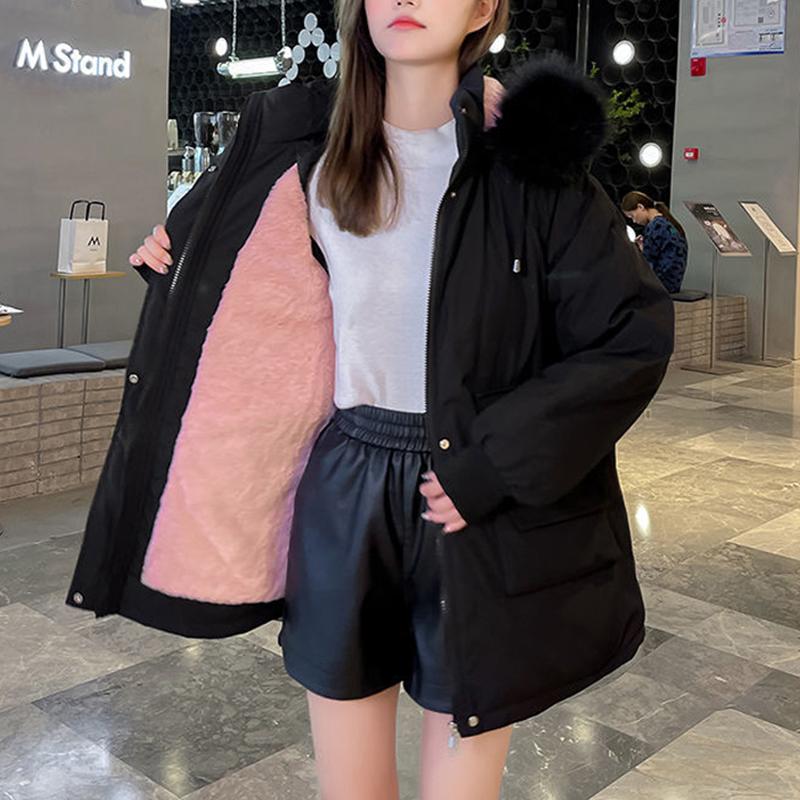 Winter Jacket Fashion Harajuku Fleece Warm Hooded Fur Collar Coat Black Oversized 2021 Autumn New Women Jackets Down Coats