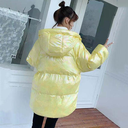 Women's Winter Korean Loose Quilted Coat Warm Stand-collar Down Jacket Women's Glossy Mid-length Down Jacket