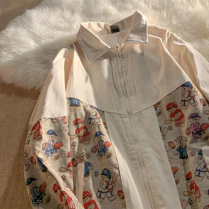 Retro Sports Bear Jacket Women Loose Fashion Trend Casual Stitching Graffiti Baseball Uniform Jacket