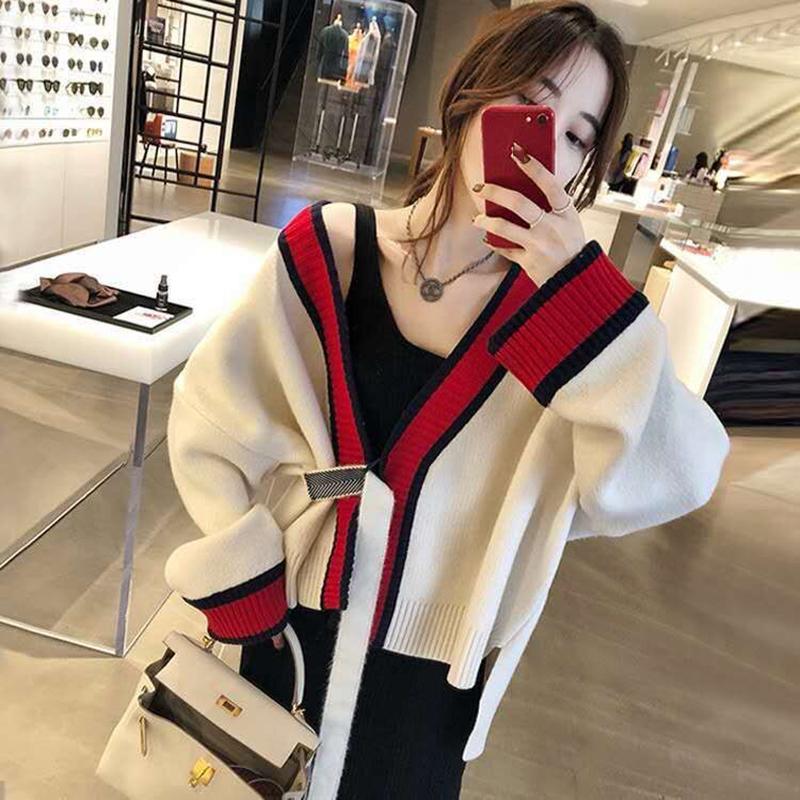 Women's Autumn Lazy Style Sweater Cardigan Loose Long-sleeved V-neck Sweater Stitching Color Sweater Coat Loose and Comfortable