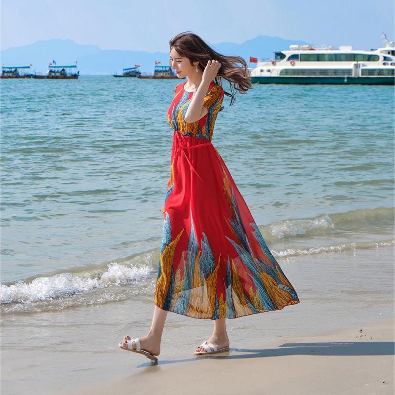 Plus Size Dress Female Seaside Vacation Beach Skirt Bohemian Long Skirt Plus Size Waist Slimming Long Skirt Chiffon Fabric