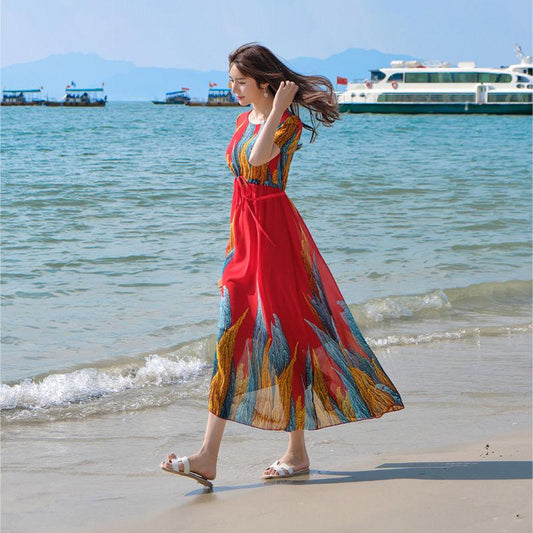 Plus Size Dress Female Seaside Vacation Beach Skirt Bohemian Long Skirt Plus Size Waist Slimming Long Skirt Chiffon Fabric