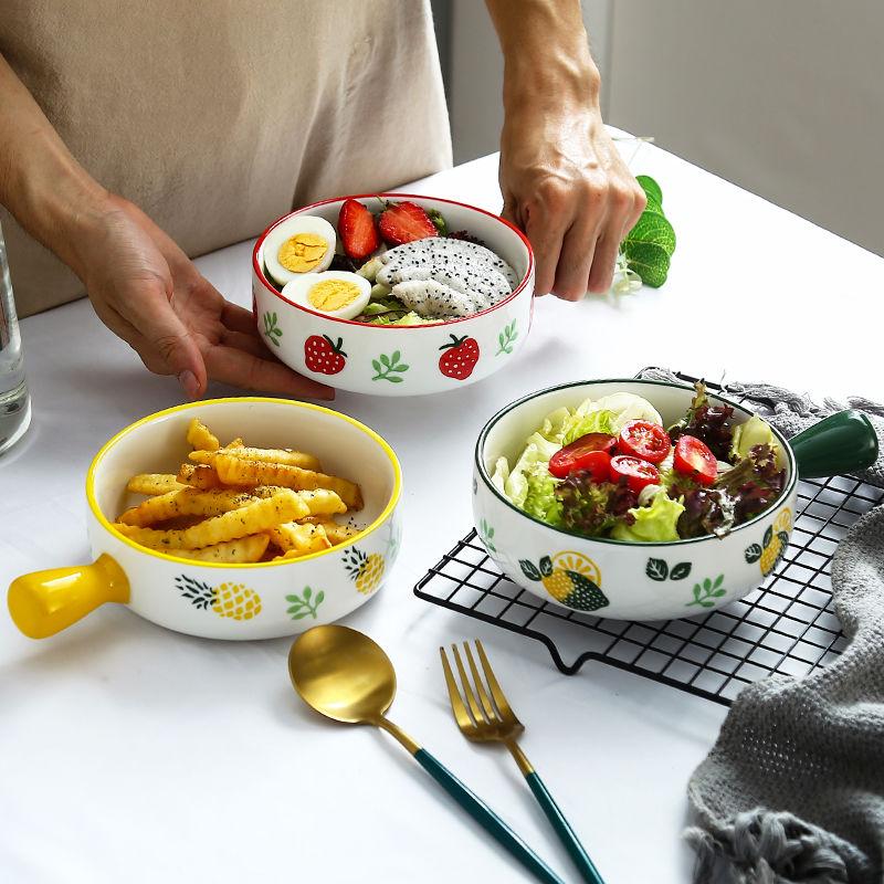 Nordic Style Instant Noodle Bowl with Handle Ceramic Baking Bowl Baked Rice Bowl Fruit Salad Bowl Home Microwave Oven Creative Baking Tray