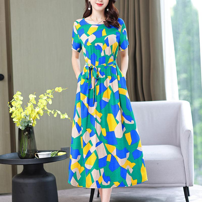Summer Cotton Silk Dress Floral Cotton Long Skirt Women's Short-sleeved Large Size Rayon Cotton Silk Skirt Fabric Sweat-absorbing and Breathable