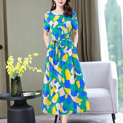Summer Cotton Silk Dress Floral Cotton Long Skirt Women's Short-sleeved Large Size Rayon Cotton Silk Skirt Fabric Sweat-absorbing and Breathable