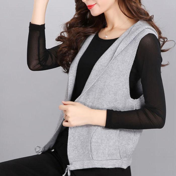 Spring and Autumn Thin Woolen Pure Color Vest Women's Hooded Short Fashion Jacket Wild Cardigan Sleeveless Knitted Sweater