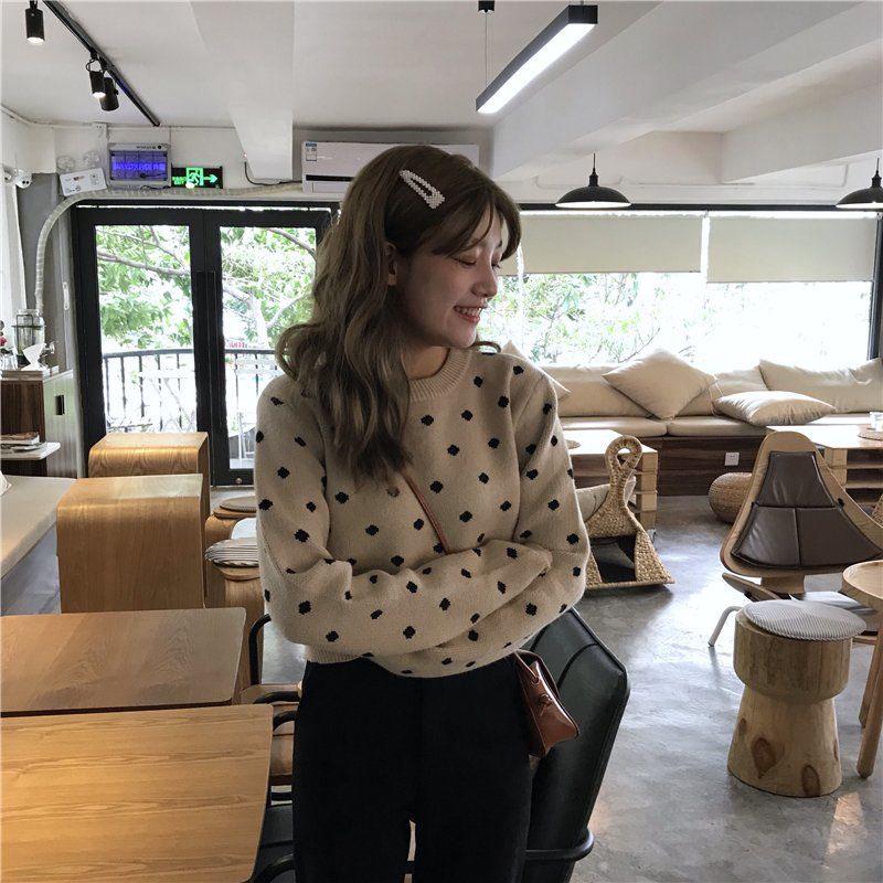 Autumn and Winter Knitted Jacket Long-sleeved Loose All-match Jacket Short Spotted Women's Bottoming Shirt