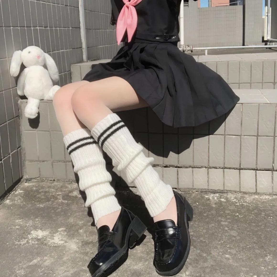 LOLITA Soft Sister Striped Piles Stockings Set Female Autumn and Winter Students Knit Thick Middle Tank Socks Japanese JK Leggings Set