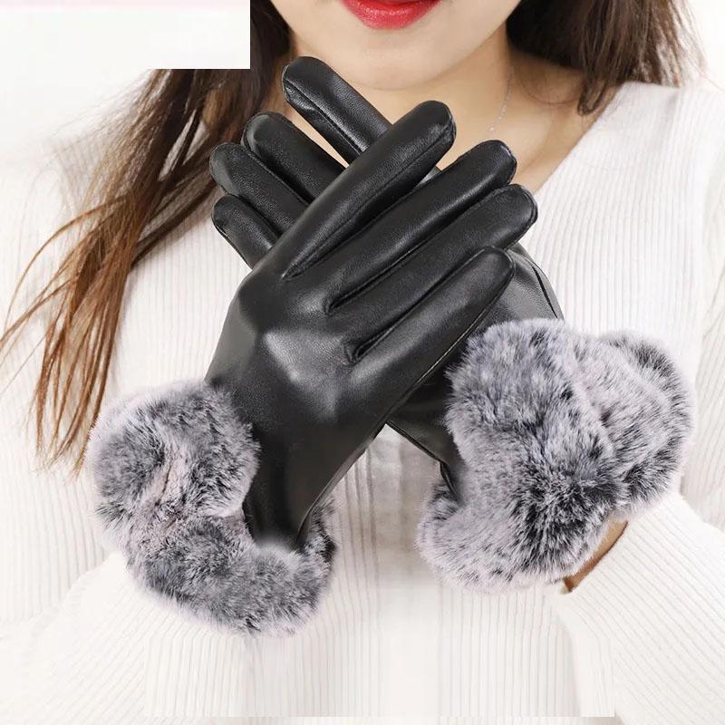 Leather Gloves Ladies Winter Korean Cute Thickening Warmth Cycling Motorcycle Outdoor Riding Touch Screen Cotton Gloves