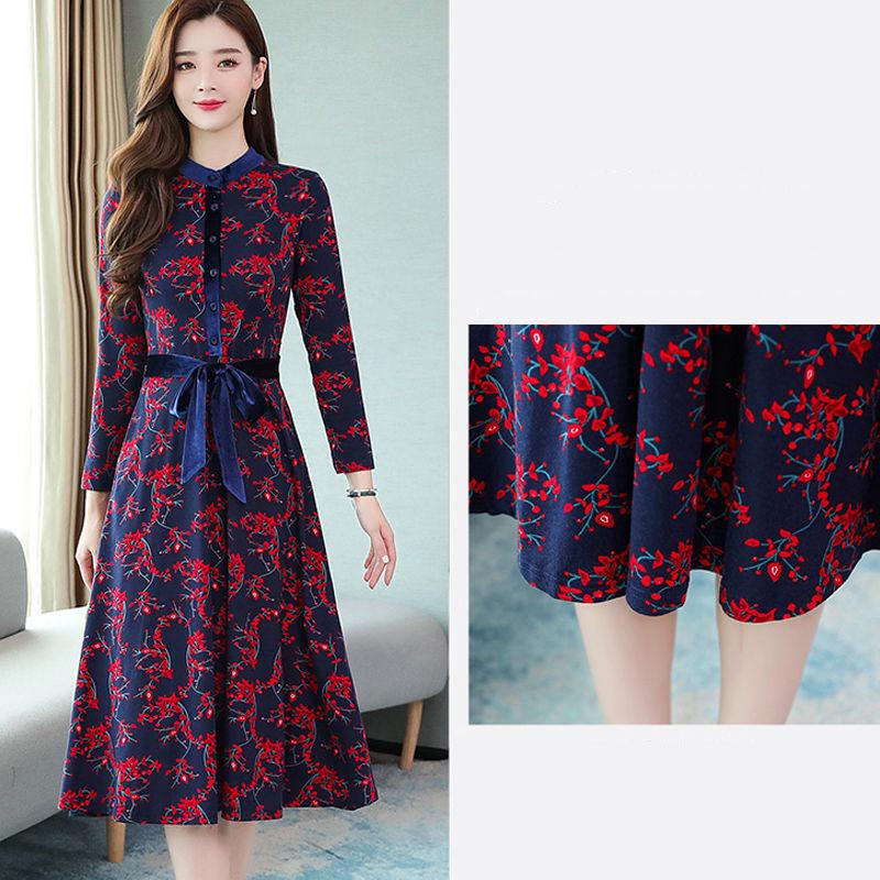 Knitted long skirt floral dress autumn was thin temperament large size women's long-sleeved waist