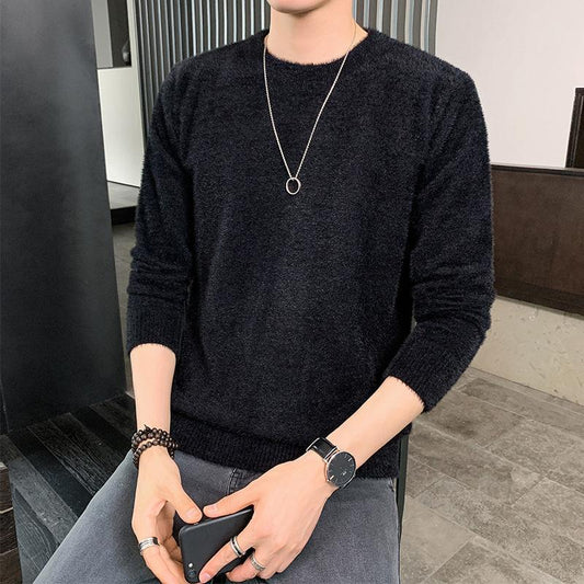 Fall/Winter Men's Sweater Base Sweater Imitation Mink Fleece Warm Knit Sweater Round Neck Pure Color Casual Loose Pullover