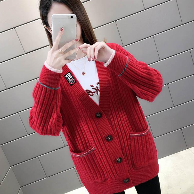 Sweater Cardigan Thickened Mid-length Spring and Autumn Loose Knit Lazy Style Jacket Women