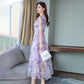 Summer Korean Chiffon Dress Women's Casual Short Sleeve Temperament Large Blue Pink Flower Round Neck Dress