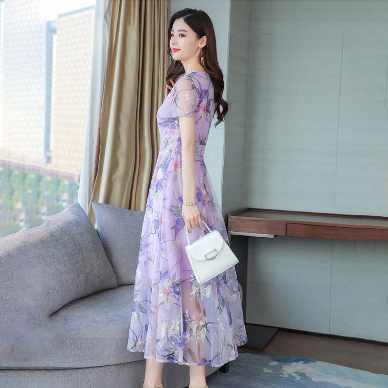 Summer Korean Chiffon Dress Women's Casual Short Sleeve Temperament Large Blue Pink Flower Round Neck Dress
