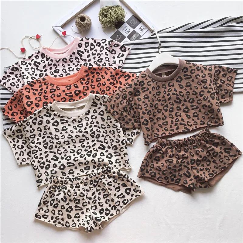 Girls' New Leopard Print Baby Summer Indoor Air-conditioning Suit Short-sleeved Shorts 2-piece Set
