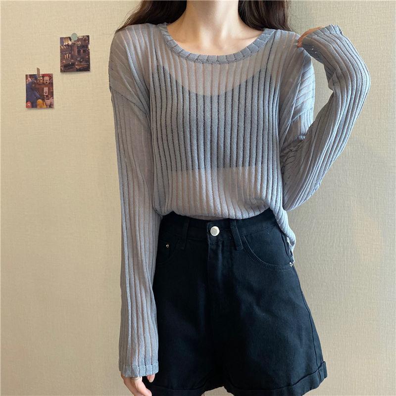 Loose and Thin Long-sleeved Hollow Knitted Sweater Women's All-match Sunscreen Shirt Top Sexy See-through Dress