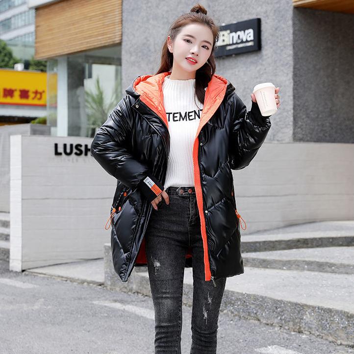 Winter Jacket Parkas Women Glossy Down Cotton Jacket Hooded Parka Warm Female Mid-length Cotton Thick Jacket Casual Loose Outwear Medium Long Overcoat