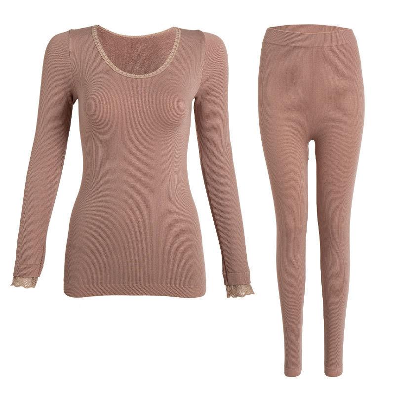 Women Winter Autumn Clothes Thermal Underwear Plus Size O-neck Tops Pants Female Tight Suit Thicken Windproof Soft Lining Long Sleeve High Elasticity