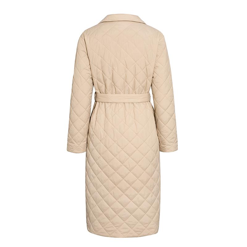 Long Straight Winter Coat with Rhombus Pattern Casual Sashes Women Parkas Deep Pockets Tailored Collar Stylish Outerwear