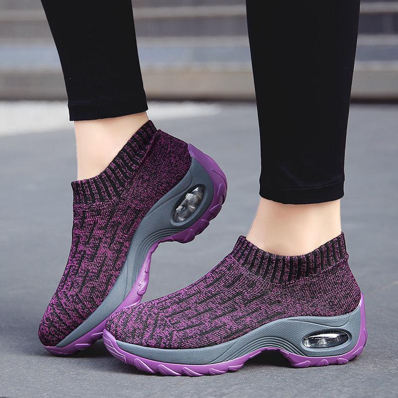 Women's Mid High-heeled Sneakers Casual Breathable Mesh Sports Shoes Running Flat Shoes Slip on Thick-soled Dance Shoes