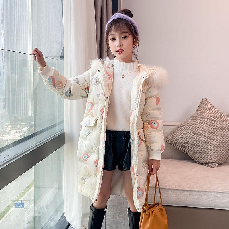 Girls' Winter Warm Cotton Coat Mid-length Thick Padded Jacket Little Girl Plus Velvet Windproof Down Jacket