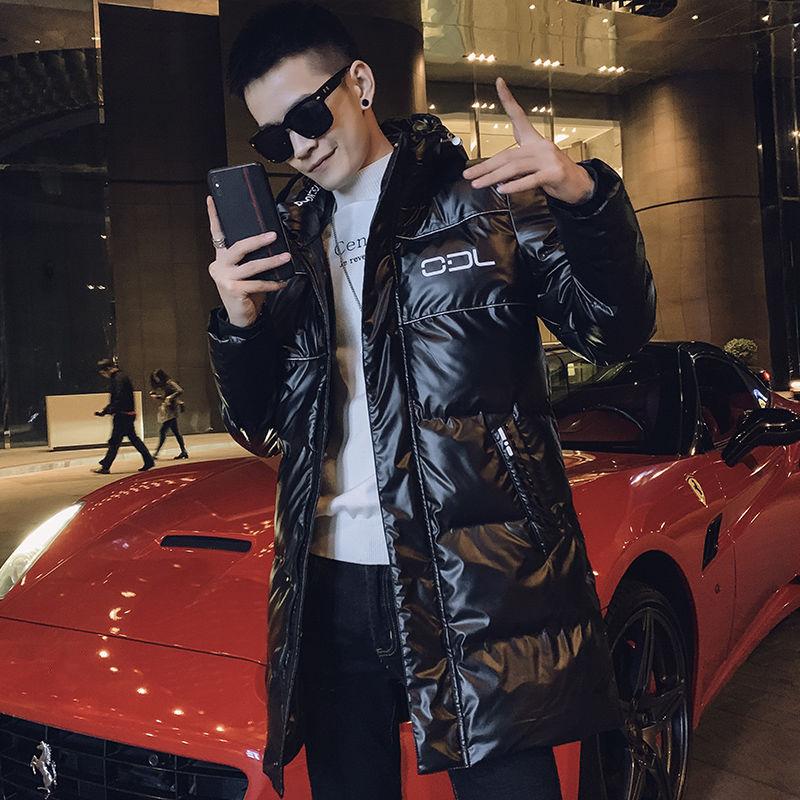 Shiny Cotton Coat Men's Mid-length Hooded Zipper Thickened Solid Color Slim Down Cotton Coat Winter Outdoor Cotton Jacket