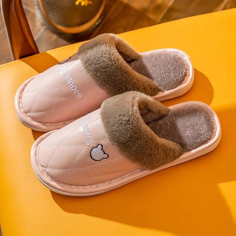 Women Winter Slippers Pu Leather Fleece Thick Warm Plus Size Men Slides Home Casual Cotton Shoes Pink Slippers Women