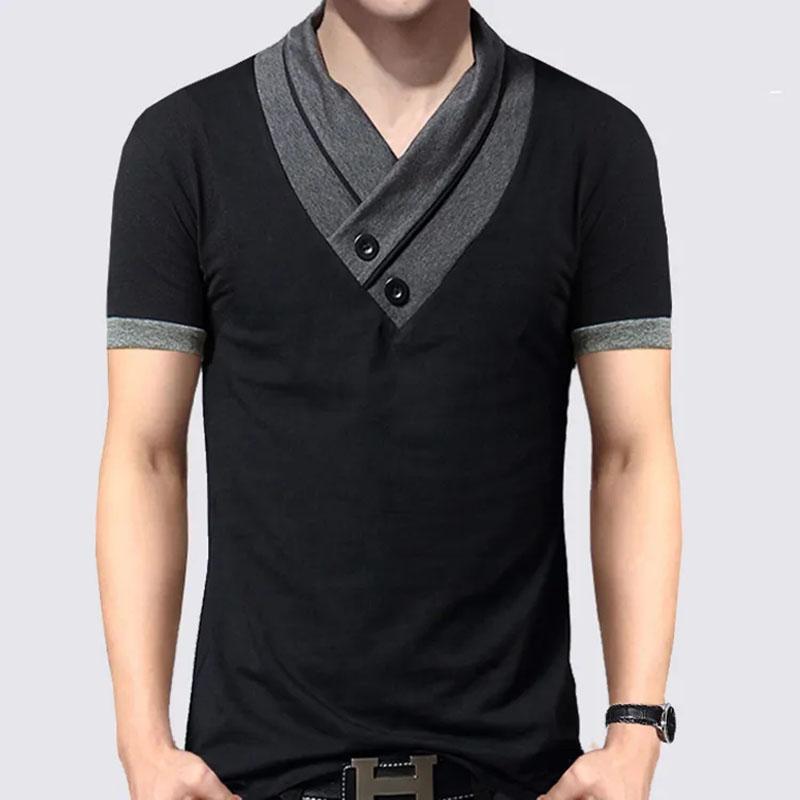 Short-sleeved Men's T-shirt Slim Fit Plus Fat Plus Size Men's Trend Stitching Contrast Color Loose Half-sleeve V-neck