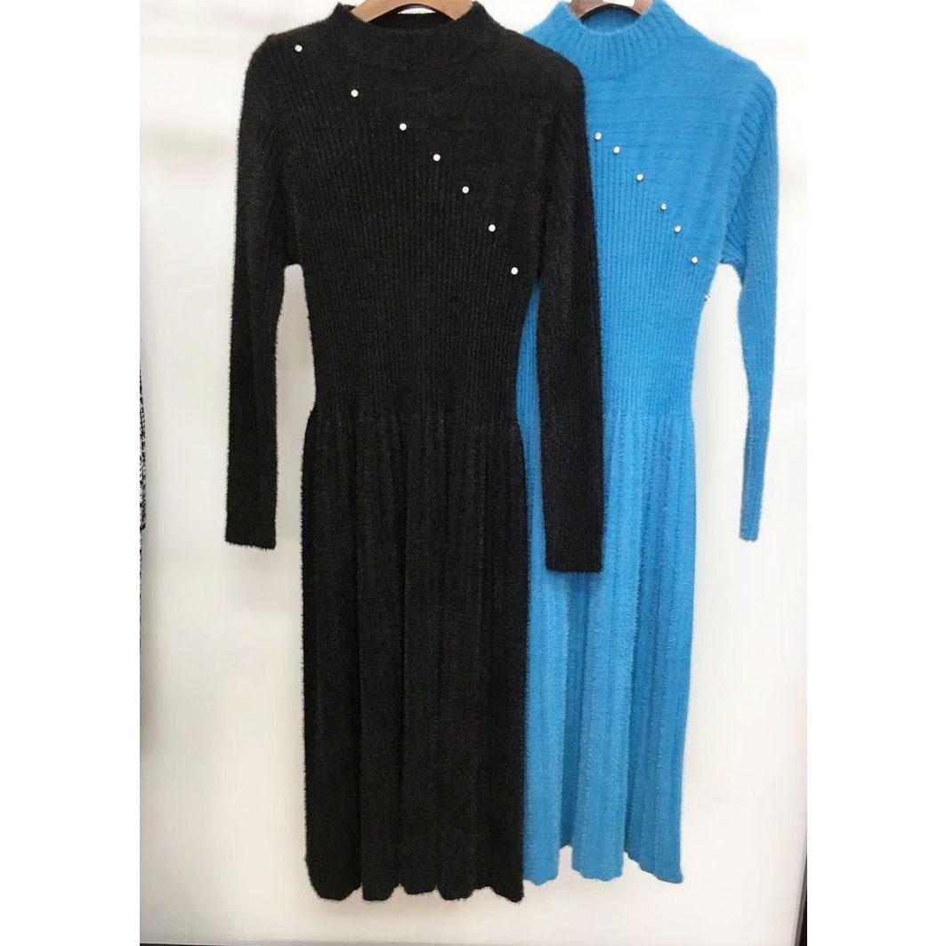 Coffee Color Knitted Bottoming Shirt Mink Sweater Long Sleeve O-Neck Pullover Winter Long Dress