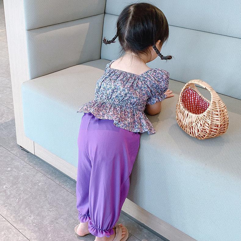 Girls Suit Summer Thin Korean Style Floral Short Sleeved Trousers Two Piece Set Casual Wear with Ruffles Puff Sleeve