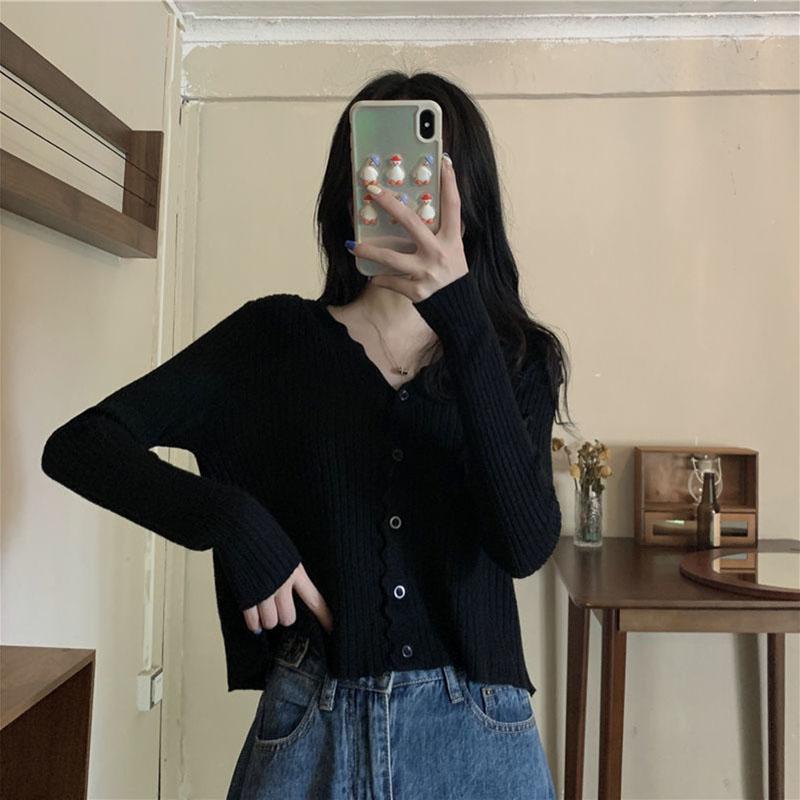 Early Autumn V-neck Sweater Long-sleeved Cardigan Sweater Small Coat All-match Female Gentle Wind Ladies Slim Pure Color Simple Top