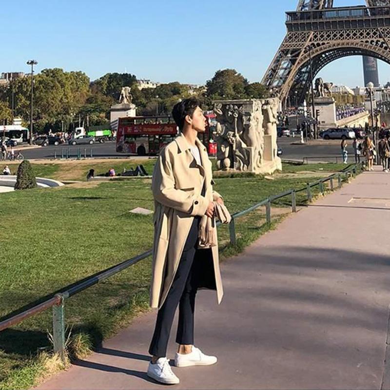 Spring New Windbreaker Men's Mid-length Korean Version Trend British Style Handsome Over The Knee Men's Khaki Coat