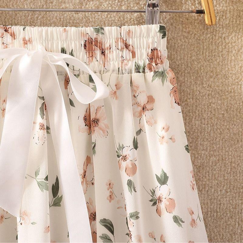 Summer High Waist Chiffon Women Midi Skirts Casual Floral Print Female Skirt Maxi Beach Skirt