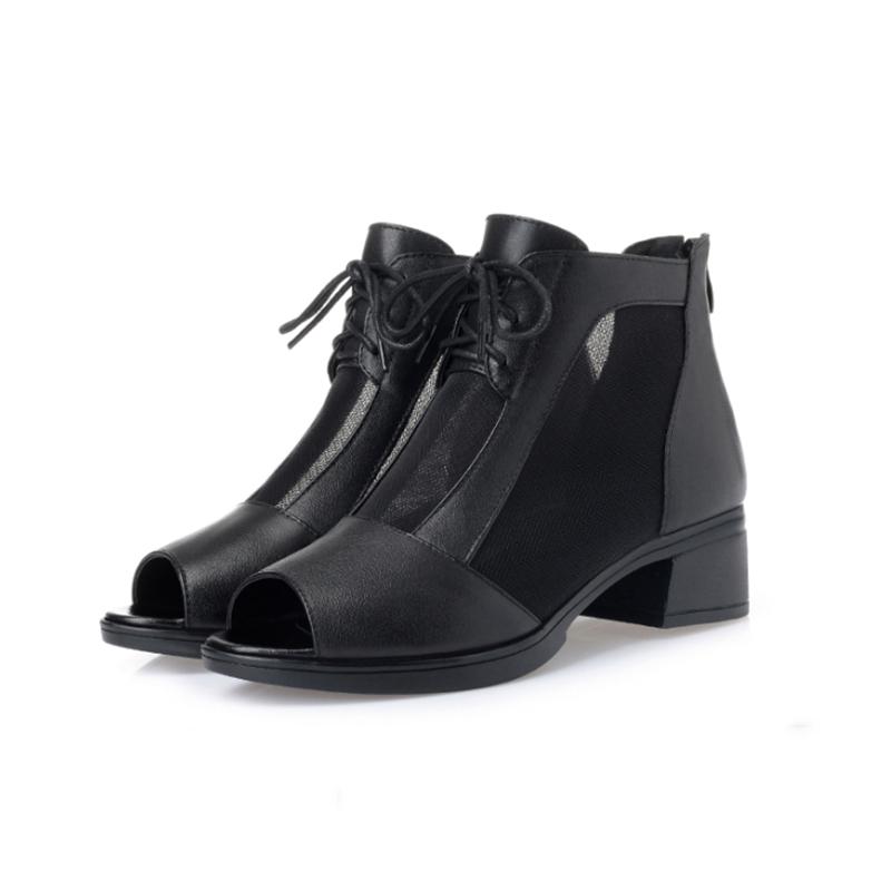 Sandals Women's Mid-heel Mesh Thick-heeled High-heeled Shoes Women's Fish Mouth Black Low-heeled Sandals