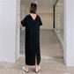 Large Size Slit T-shirt Dress Female Summer V-neck Loose Long Over-the-knee Open Back Long Dress